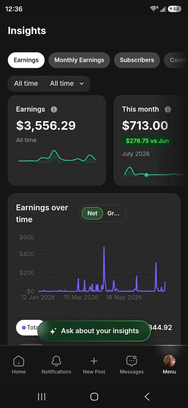 Earnings screenshot