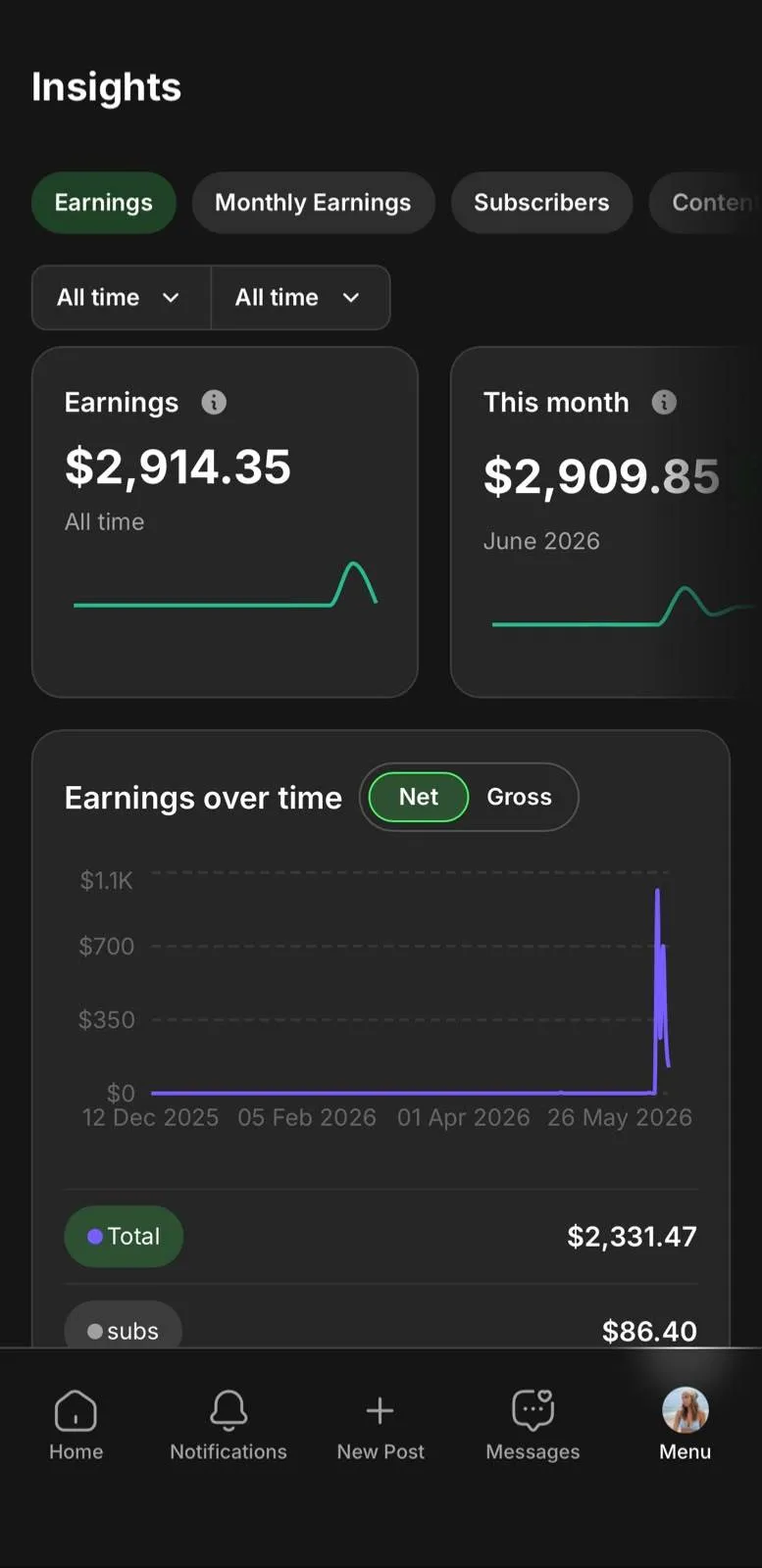 Earnings screenshot
