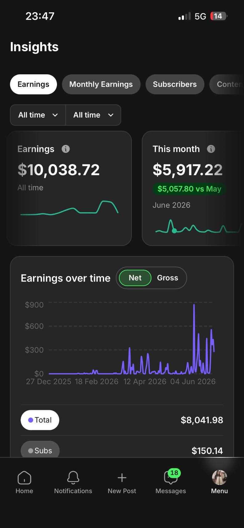 Earnings screenshot